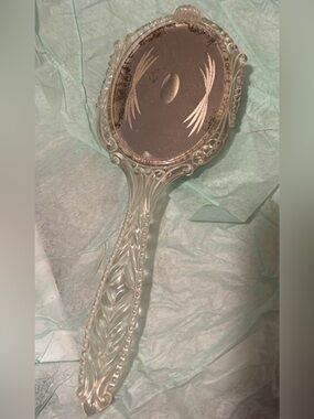 Vintage lucite Clear Hand Mirror/brush - Etched Glass Back